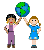 Image of two children holding a globe of the world raised above their heads