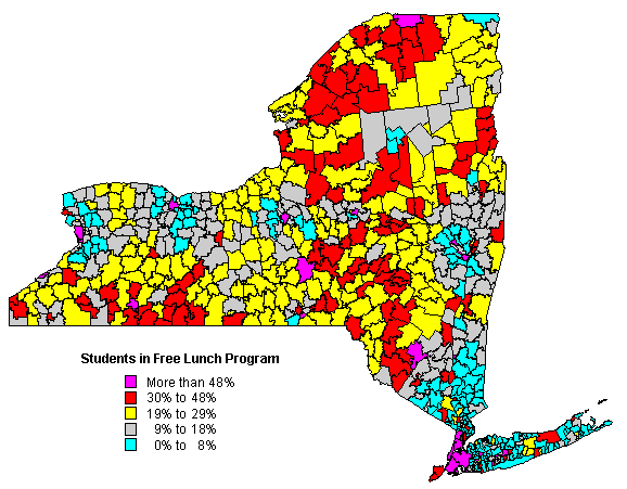 map of NY State showing school district regions colored according to prevalence of student participation in free lunch program