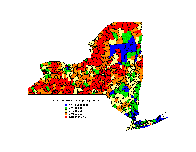map of NY State showing school district regions colored according to Combined Wealth Ratio (CWR)