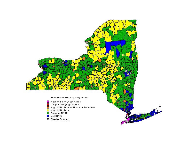 map of NY State showing school district regions colored according to N/RC category