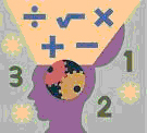 Image of a human head open at the top with numbers and math operation signs floating above